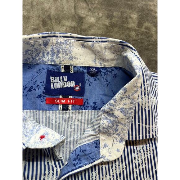 Billy London 2XL Slim Fit Men's Short Sleeve Button Up Shirt blue floral stripe - Picture 4 of 6